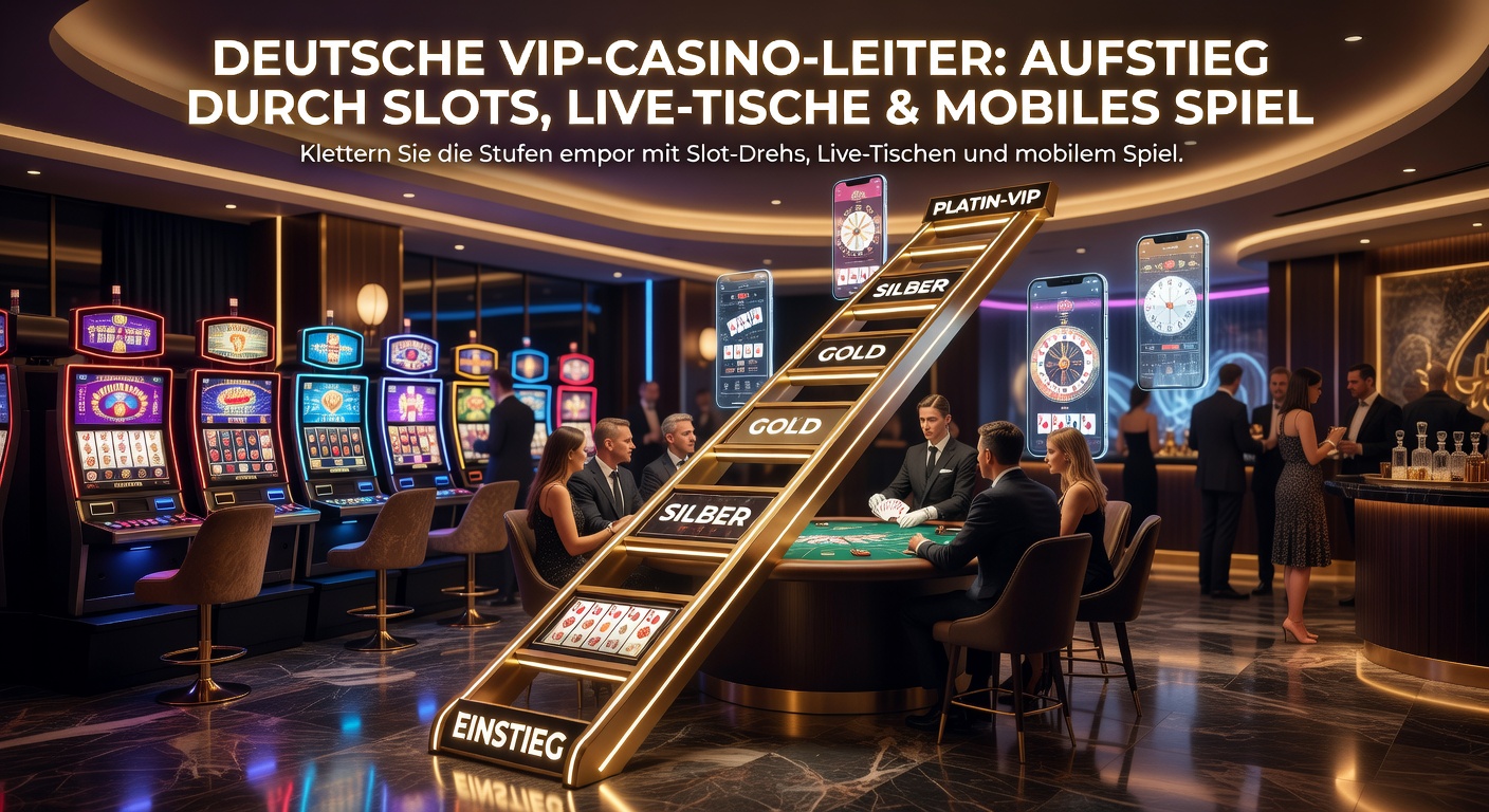 Ein stilisiertes Bild einer Casino-VIP-Leiter mit Symbolen für Slots, Live-Tische und Smartphones, die Stufen nach oben führen