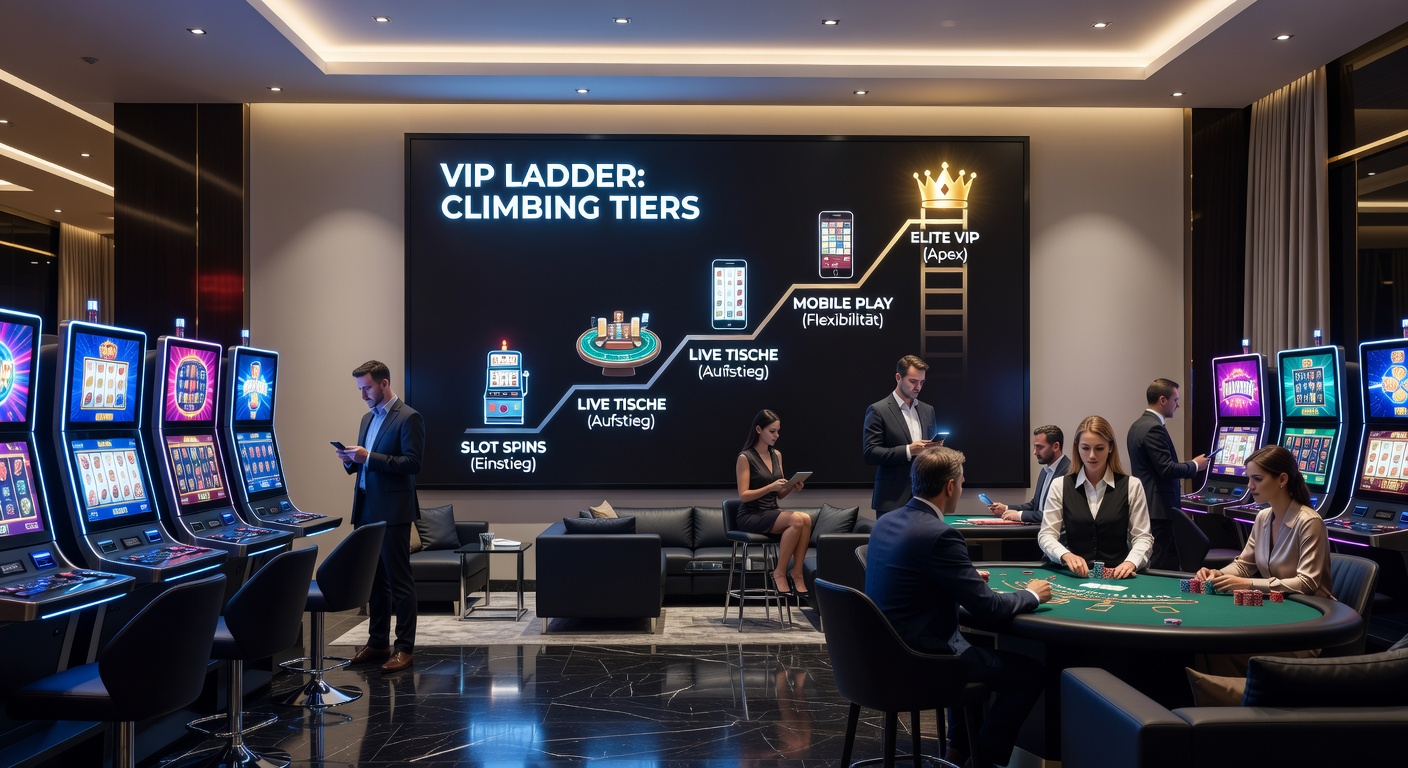 Nahaufnahme eines Smartphones mit laufender Casino-App, umgeben von Slot-Symbolen und Live-Tisch-Icons, die eine VIP-Stufe symbolisieren