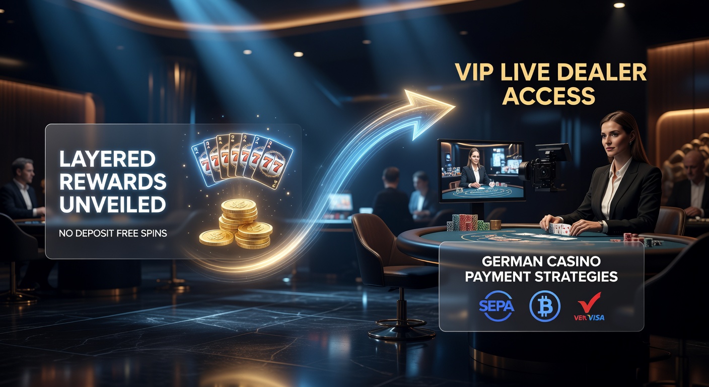 Grafik einer aufsteigenden Belohnungsleiter mit Free Spins am Start und VIP-Live-Tischen oben, umgeben von deutschen Zahlungssymbolen wie Giropay und Sofort