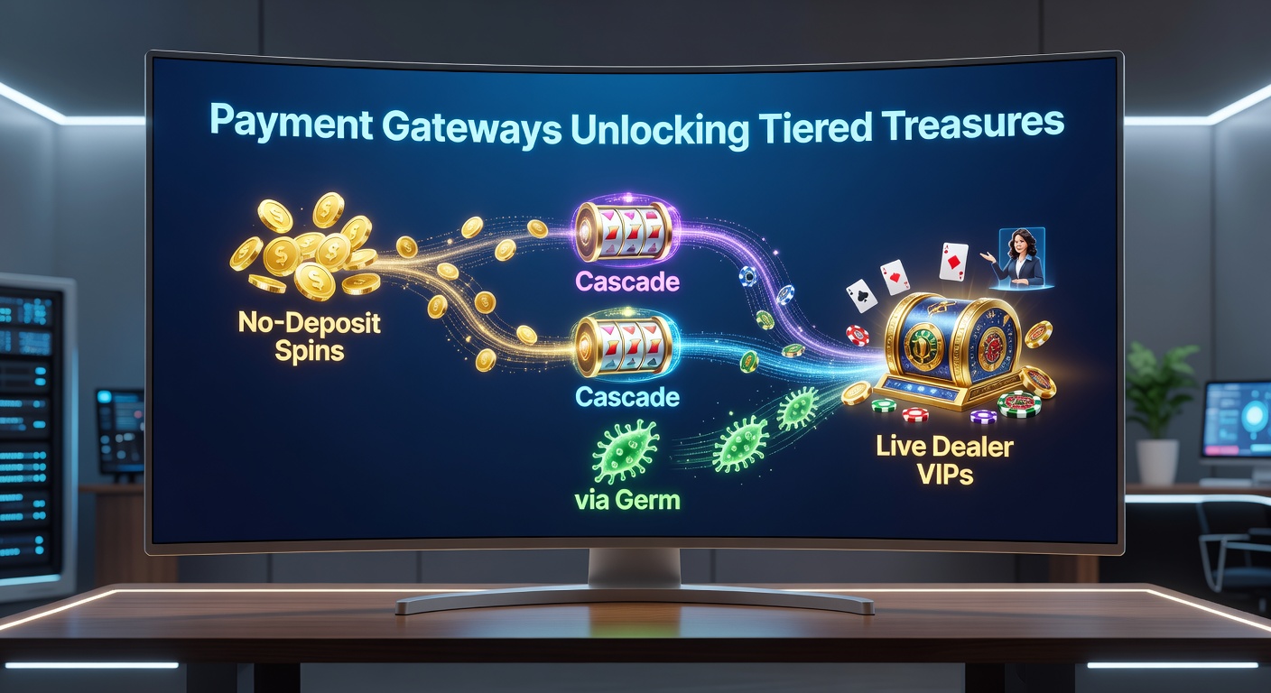 Illustration einer aufsteigenden Leiter mit Schritten von Free Spins über Boni zu VIP-Live-Tischen, umgeben von deutschen Bank-Symbolen